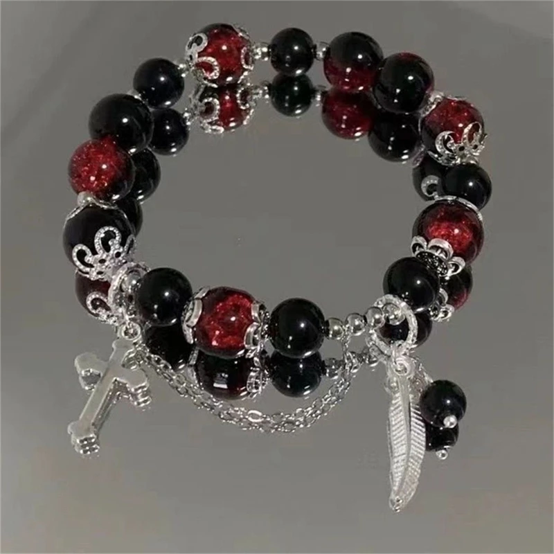 Beaded Bracelet Creative Personalized Red Crystal Feather Pendant Vintage Elastic Beaded Chain for Women