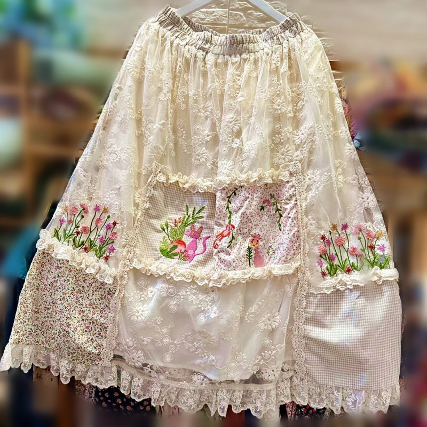 

Vintage Mori Girl Embroidery Lace Patchwork Midi Long Skirt 2024 Summer Women Retro Chic Korean Lolita Cottage Core A-line Skirt