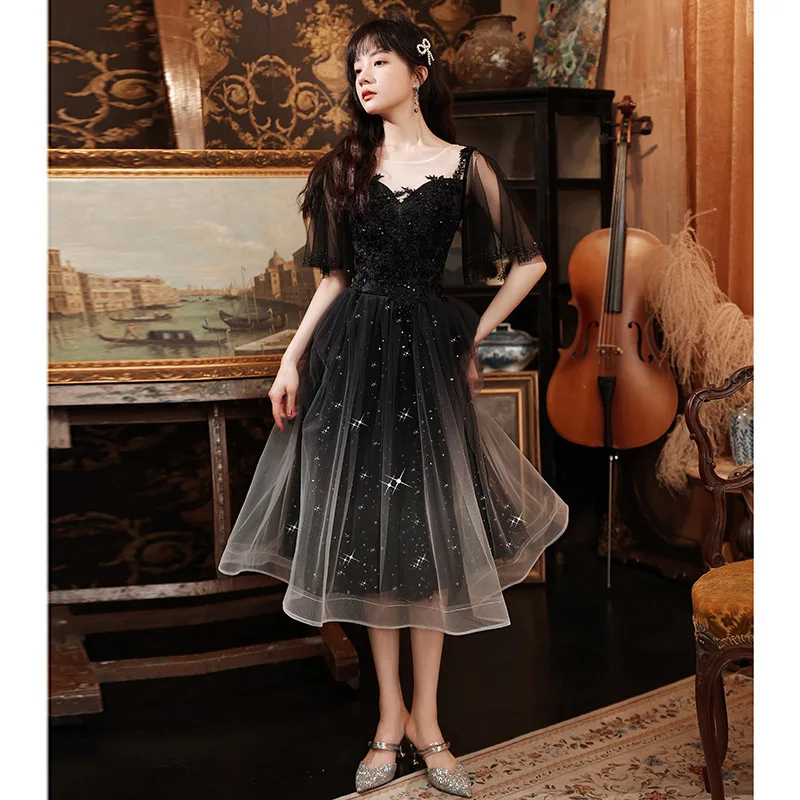Black Sequined Long Lady Girl Women Princess Banquet Prom Performance Dance Ball Dress Gown