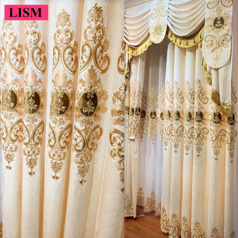 

Champagne European Chenille Curtains for Living Room Bedroom Gold Embroidered Fabric Custom Window Screen Decor Beige Valance