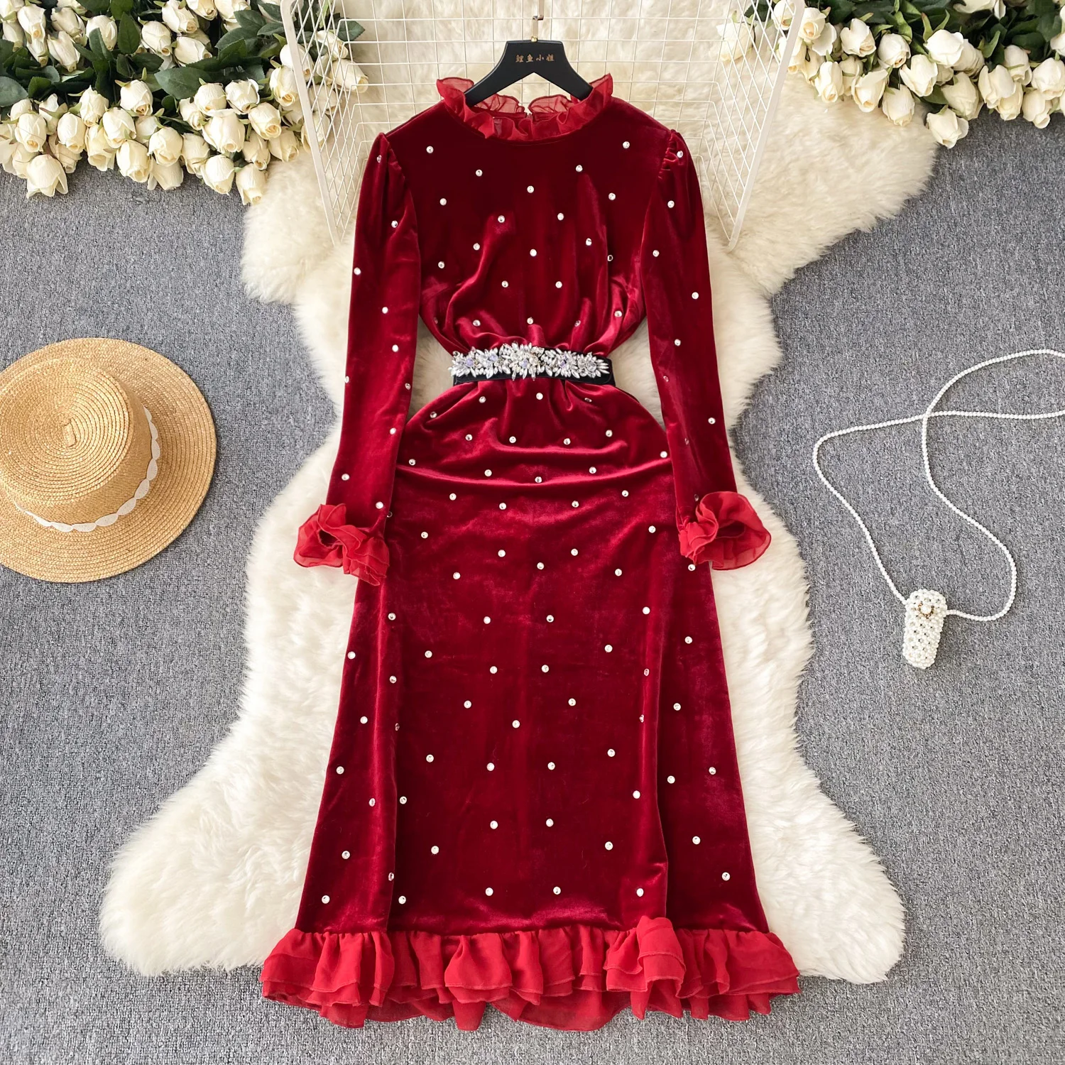 

Elegant O Neck Long Sleeve Ruffle Rhine Stone Velvet Dress Chic Elegant Vestidos Autumn Women French Fashion Ceremonial Dress