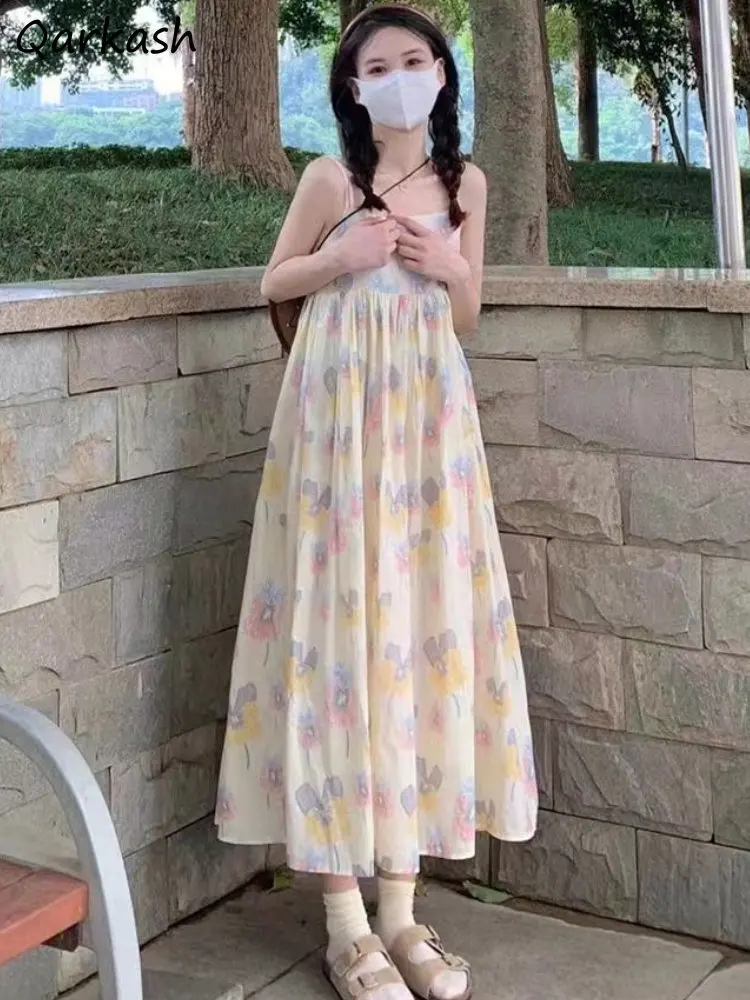 

Floral Dresses Women Midi Cute Holiday All-match Summer Japanese Style Girls Aesthetic Sleeveless Tender Chic Vestidos 2023 New