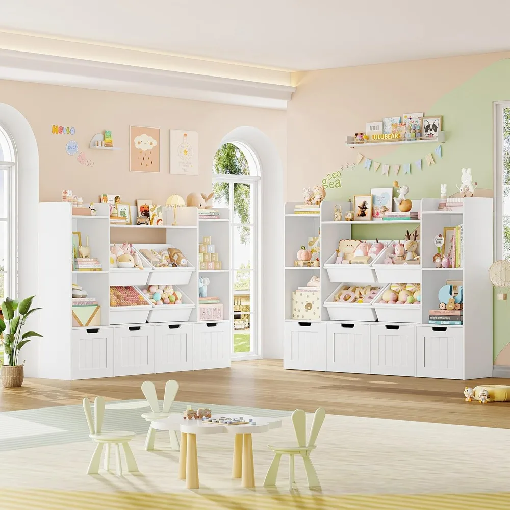 Toy Storage Organizer, Toy Organizer with 4 Movable Drawers and 4 Box Bins, Kids Playroom Storage Organization with Hidden Wheel