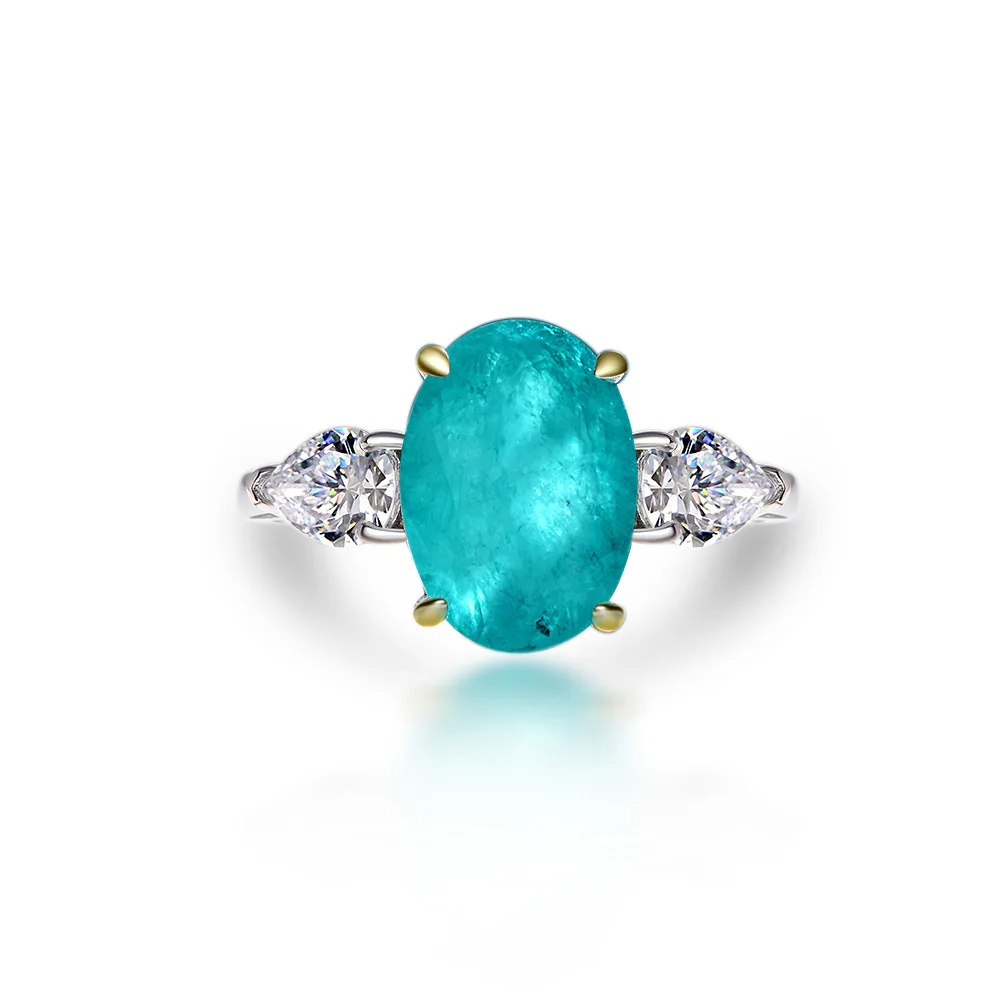 

S925 Sterling Silver Blue Green Synthetic Paraiba 10*14 Ring Silver European and American Egg Shape 10 Carats
