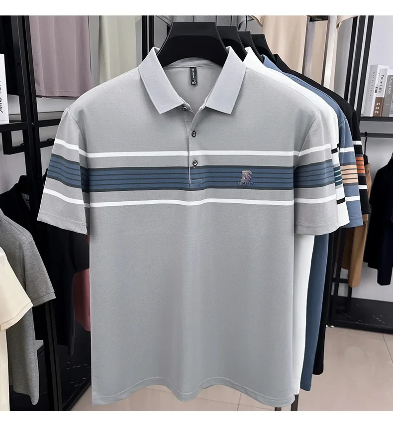 High end trend brand pure cotton polo shirt classic striped summer comfortable short sleeve men's T-shirt letter embossed top 18 S63ffe50068e742b5baaa2ff8c6f8efa4n