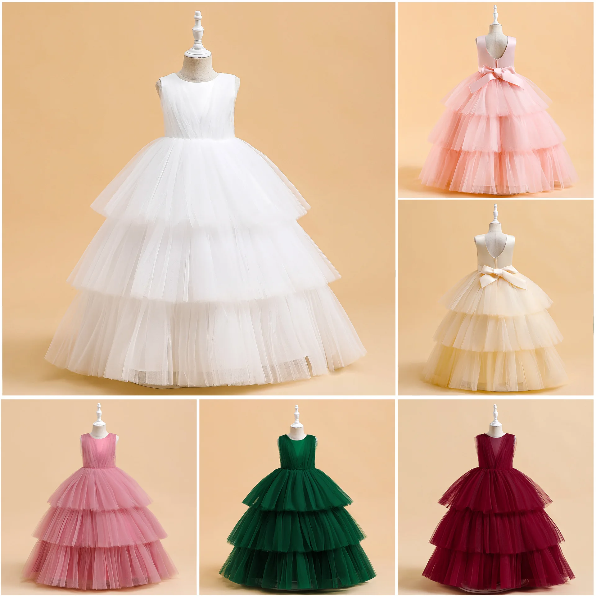 

Elegant Piano Party Dresses Teens Girls Tulle White Bridesmaid Flower Girl Dress Kids Girl Birthday Wedding Prom Gown