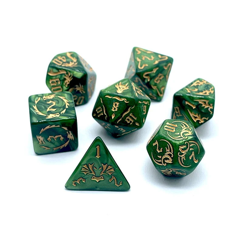 DND Polyhedral Dice Set - Green Dragon Printed Two-Tone RPG Dice with White OPP Pouch for Tabletop, D&D Games (7PCs)