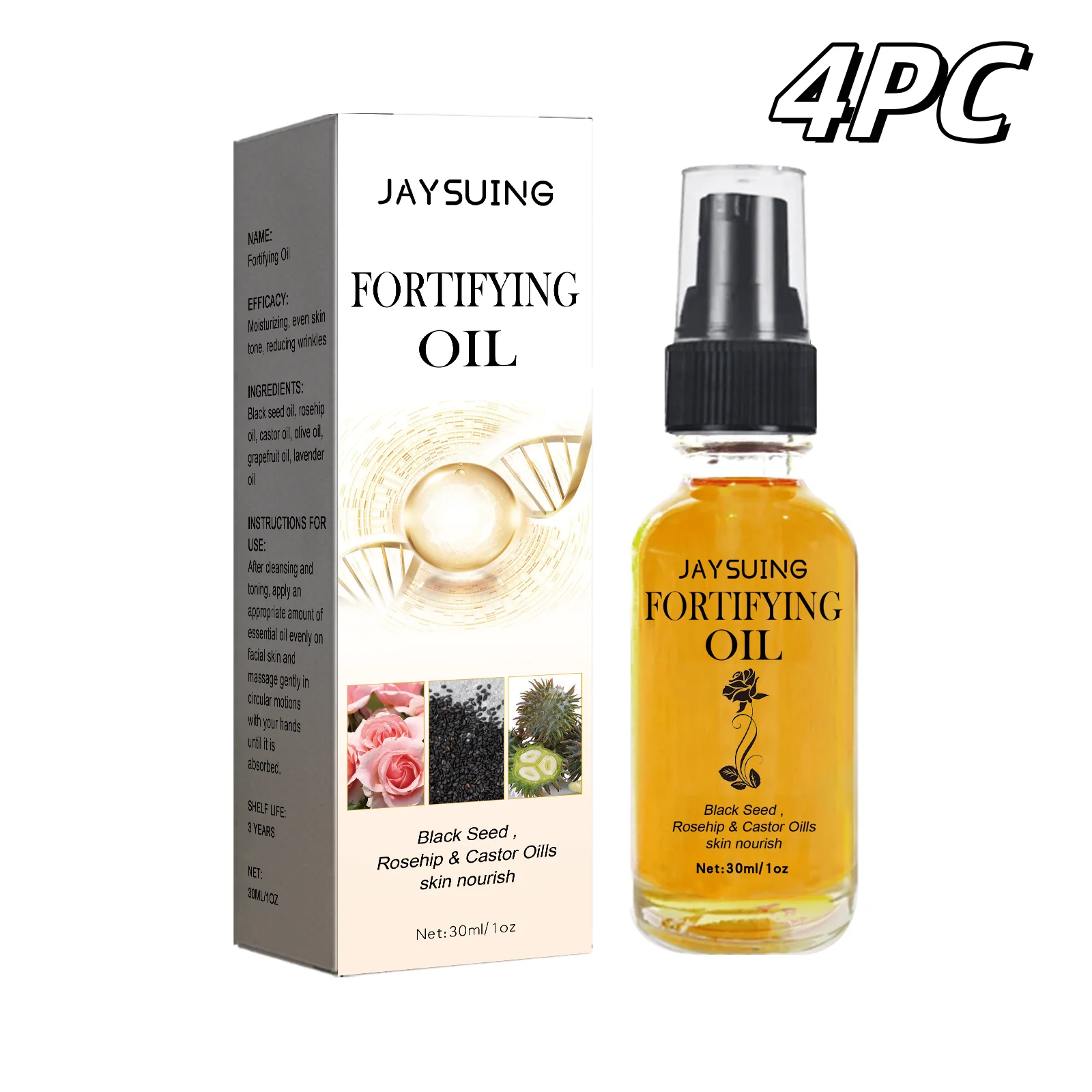 Close-up of the facial oil bottle, emphasizing the key ingredients: Rosehip, Castor, and Black Seed.