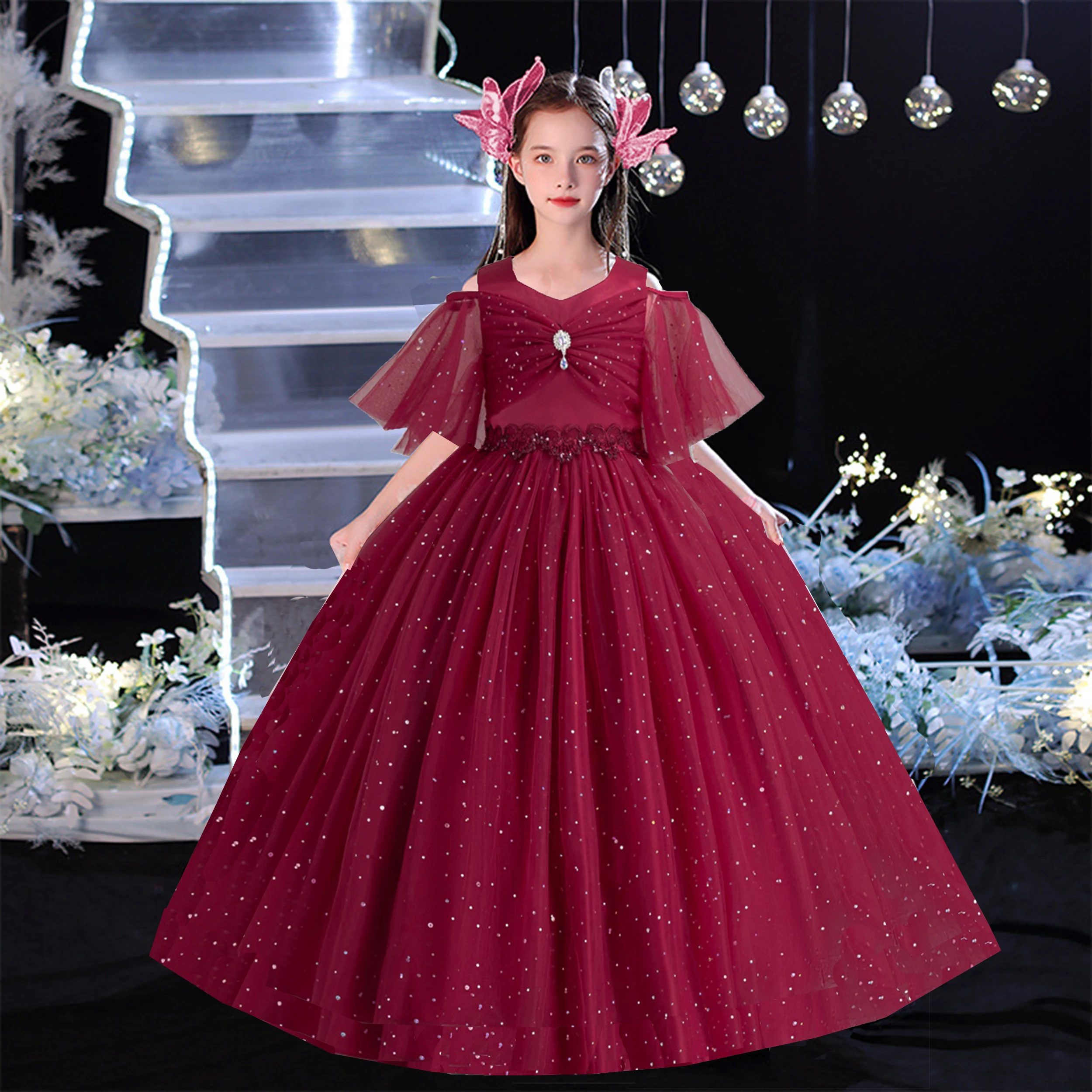 Shiny Toddler Stunning Little Big Girls Off Shoulder Sequined Princess Flower Girl Birthday Party Pageant Dress Floor Length 551 3