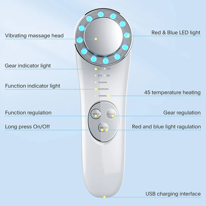 Neck Face Massager Electrotherapy Skin Care Tool Skin Care Device 7 in 1 Face Lifting Machine EMS Micro Current Galvanic Facial Massager Face Tightening Red Blue Light