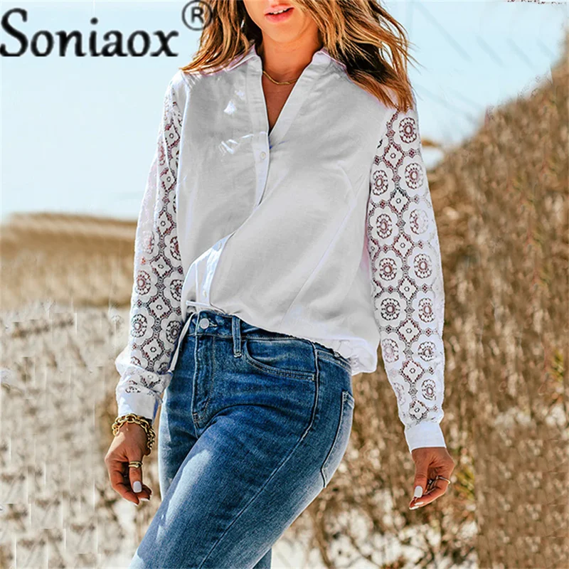 2022 Autumn New Fashion Blouse Tops Women Long Sleeve Lace Patchwork Blouse Ladies Casual Sexy V-Neck Solid Color Street Shirt
