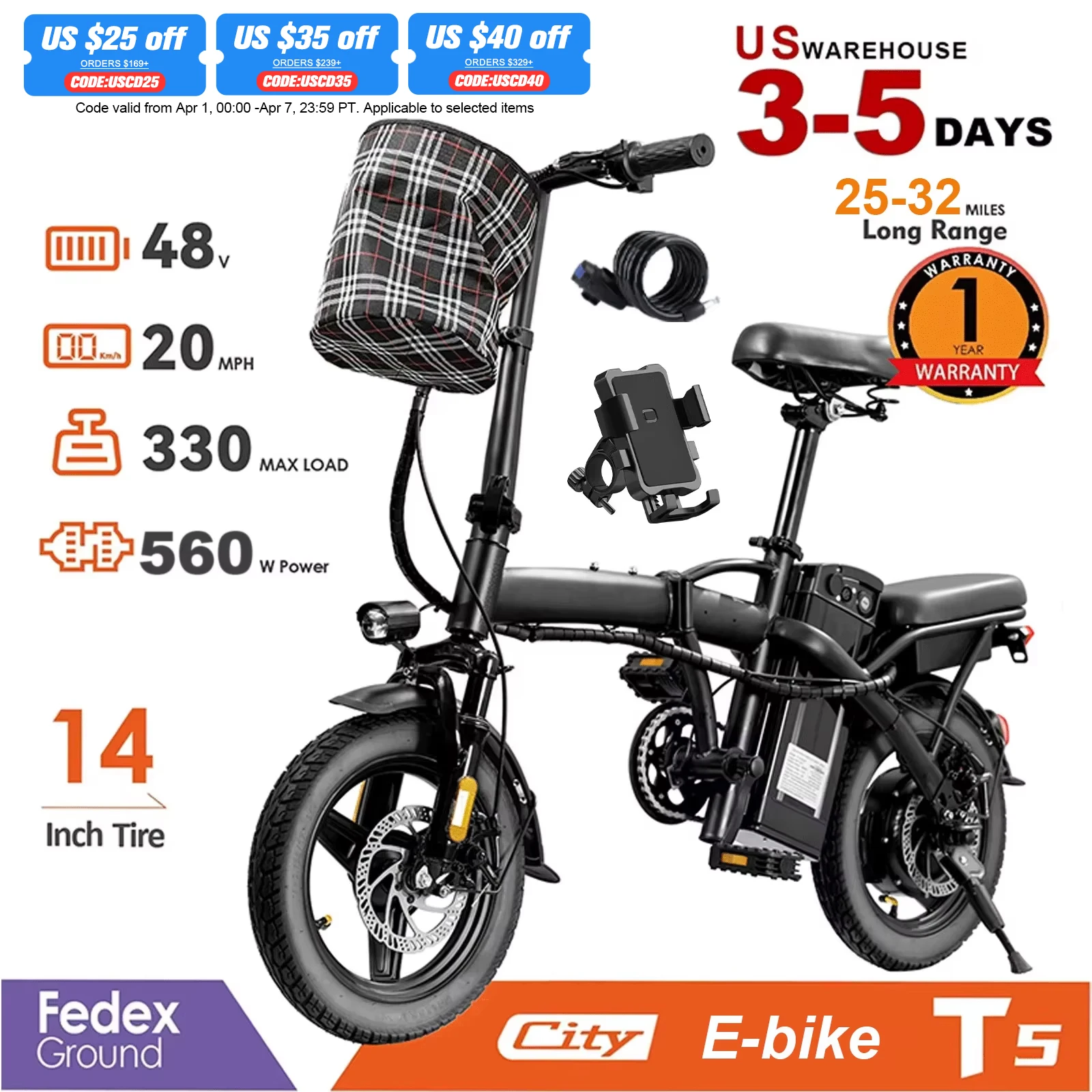 Adult Electric Bike, 20 MPH,560W Motor,48V Removable Battery,14inch Folding Electric Bike,Maximum 32 Miles,1Year Warranty Ebike 1