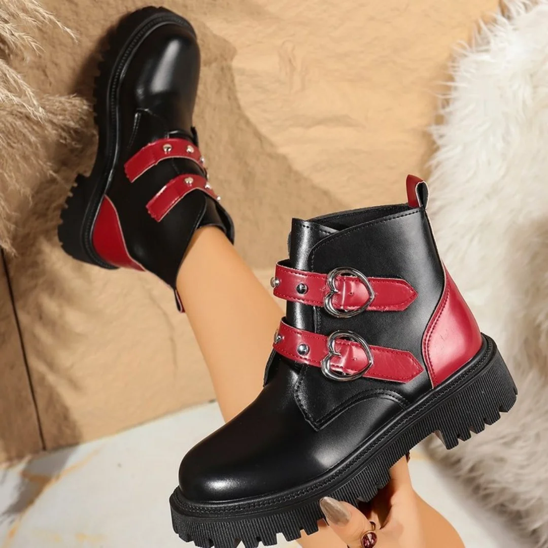 Women's Mid Heels Boot Round Toe Platform Shoes 2025 New Autumn Winter Fashion Belt Buckle Boots Short Boots for Women Handmade