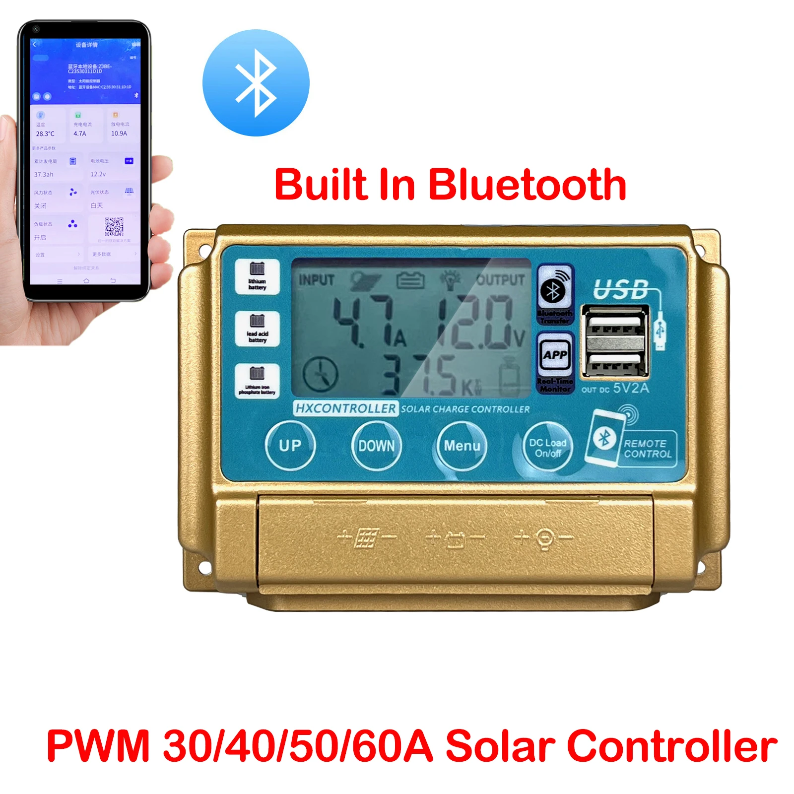 PWM 태양광 패널 시스템 충전 컨트롤러, 블루투스 기능이 있는 PV 충전 레귤레이터, Lifepo4 GEL용, 30A, 40A, 50A, 60A, 12V, 24V