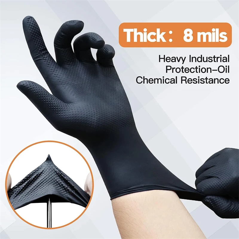 Industrial Black Nitrile Gloves 8mil Heavy Duty Disposable Gloves with Diamond Textured Latex Free Mechanic Tattoo Auto Gloves 2