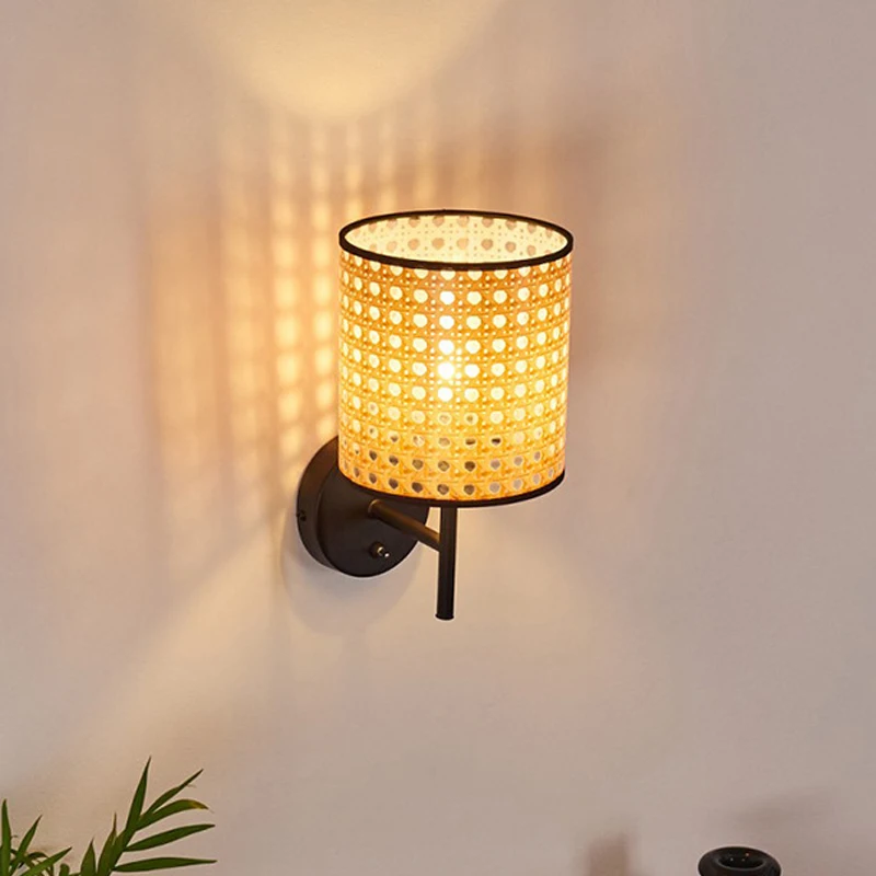 

Винтажный настенный светильник из ротанга в японском стиле для спальни, прикроватного столика, гостиной, декора, коридора, комнатного освещения, настенный светильник, бра