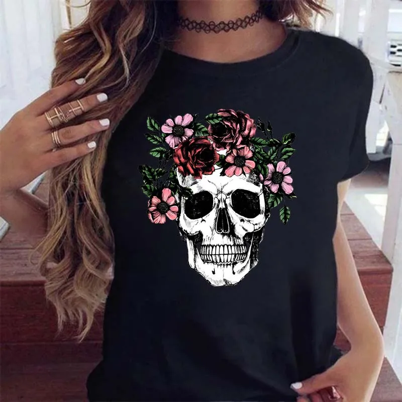 

Maycaur Fashion Skull Flower Print Women T Shirt Summer Casual Short Sleeve O Neck Women Tshirt 90s Ladies Tee Shirt Tops