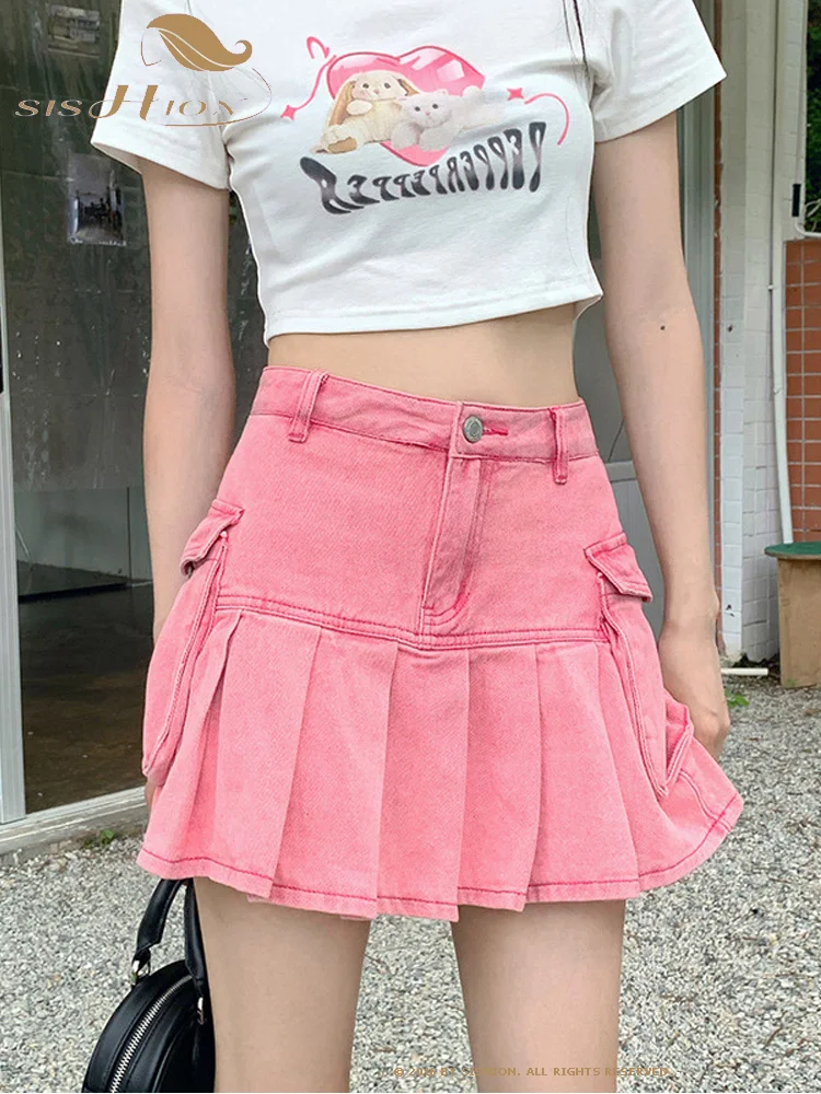 

SISHION 2023 Colleage Summer Skirts for Women Girls VD3652 Fashion High Waist Pleated Mini Short Pink Denim Skirt