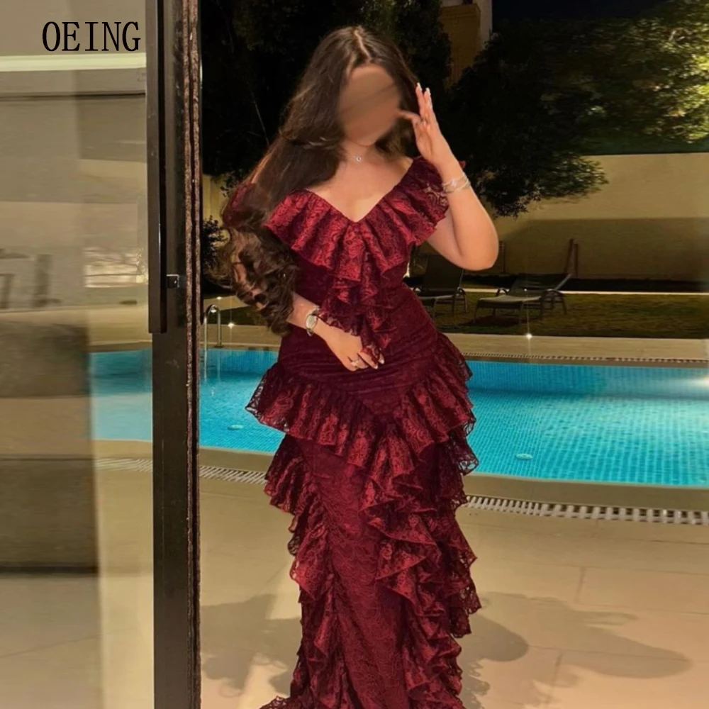 

OEING Burgundy V-Neck Lace Homecoming Dress Ruffled Custom Made Luxurious Gala Dresses Floor Length 2024 فساتين للحفلات الراقصة