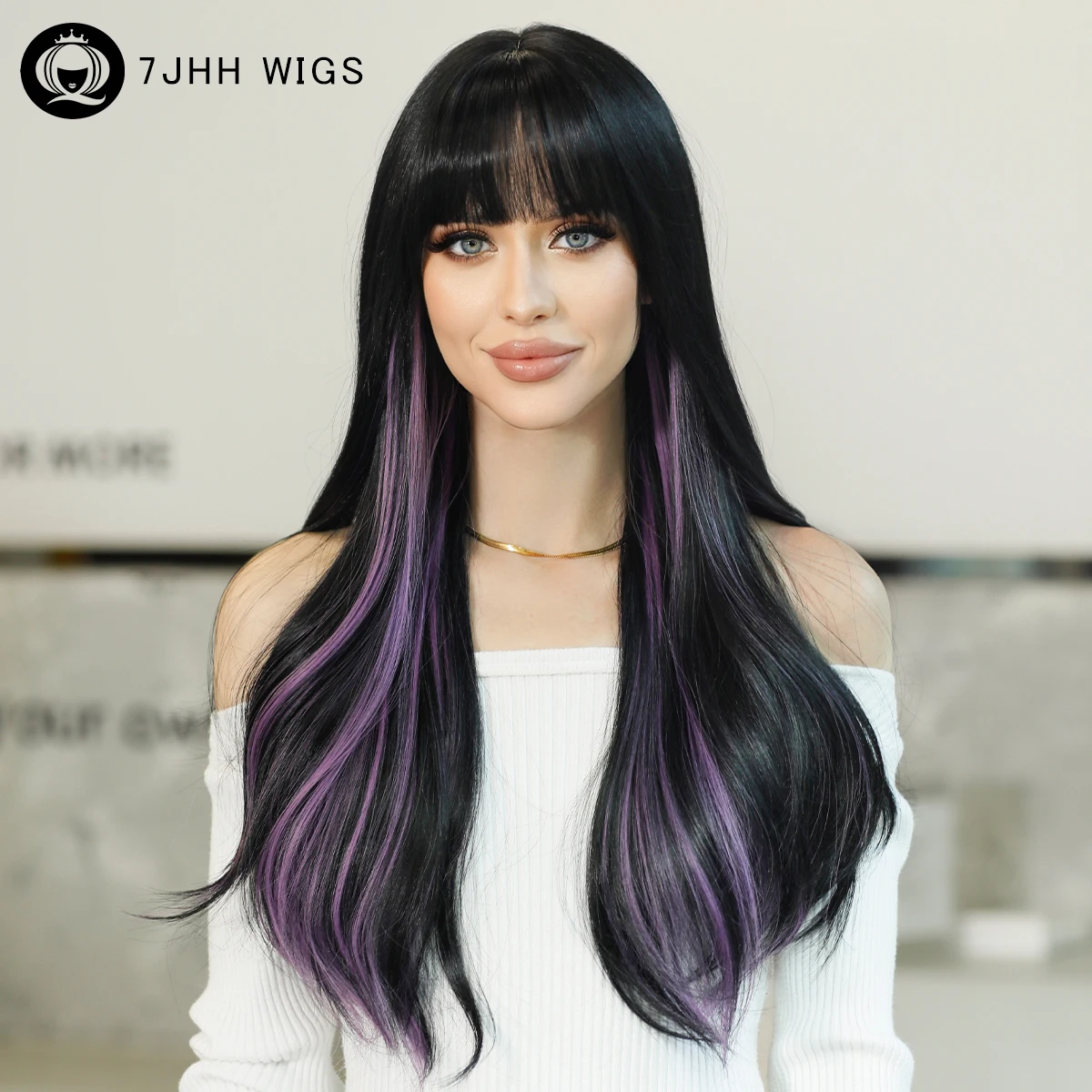 7JHH WIGS Long Wavy Dark Green Wig for Women Daily Cosplay Party Highlight Purple Synthetic Hair Wig with Bangs Heat Resistant