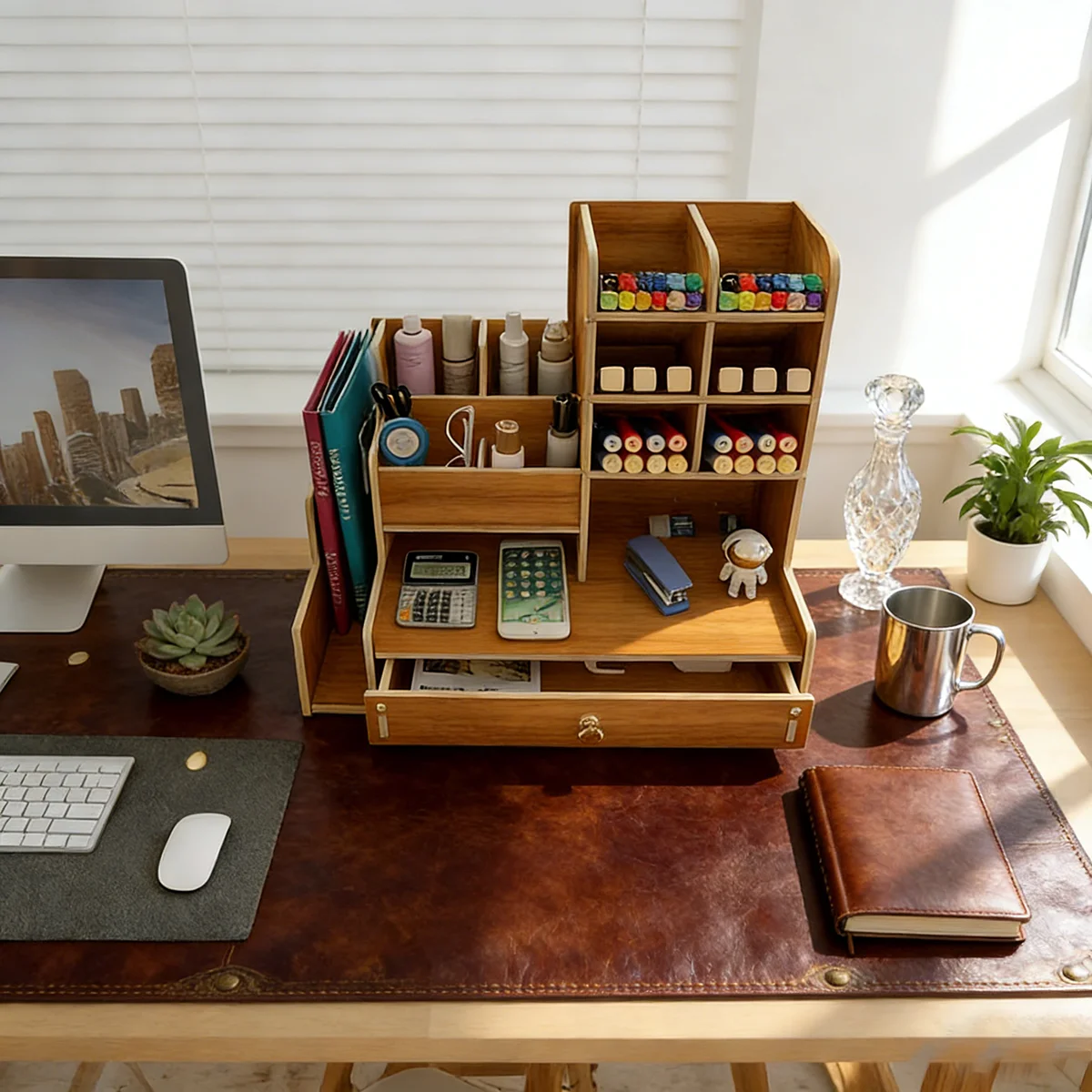 Organizer da Scrivania Effetto Legno con Cassetto, Portaoggetti da Scrivania Multi-Scomparto per Cancelleria e Accessori - immagine 5