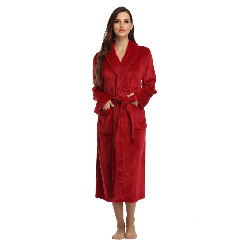 Women Bathrobe, Autumn and Winter Thick Thermal Pajamas, Comfortable Flannel Homewear, Lapel Lengthened Nightgown