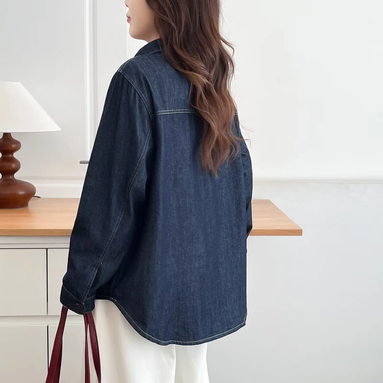 Fashion Plus Size Women's Blouses Autumn New Casual Plaid Patchwork Long Sleeve Denim Shirt Casual Top 9678