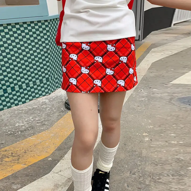

Kawaii Sanrio Hello Kitty Anime Skirt New Cute Cartoon Red Checkered A-Line Skirt Short Versatile Half Skirt Girl Toy Gifts