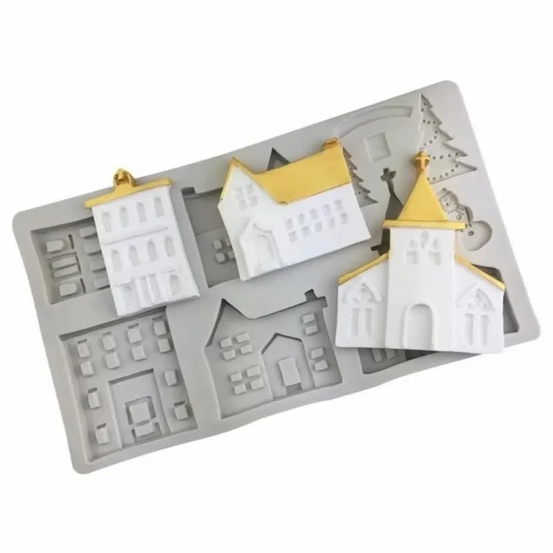 New House Silicone Mold Christmas Cake Lace Decoration Tools Snowman Castle Villa Shape Mold Ssuitable Home Kitchen Molds