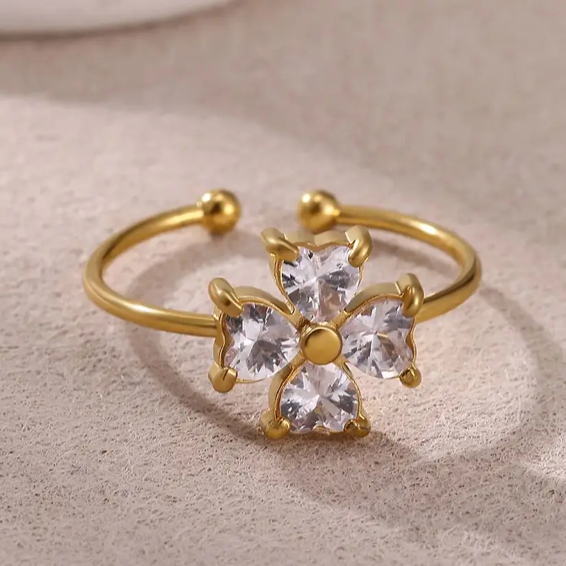 Zircon Four-Leaf Clover Rings Gold Plated Stainless Steel Adjustable Finger Ring