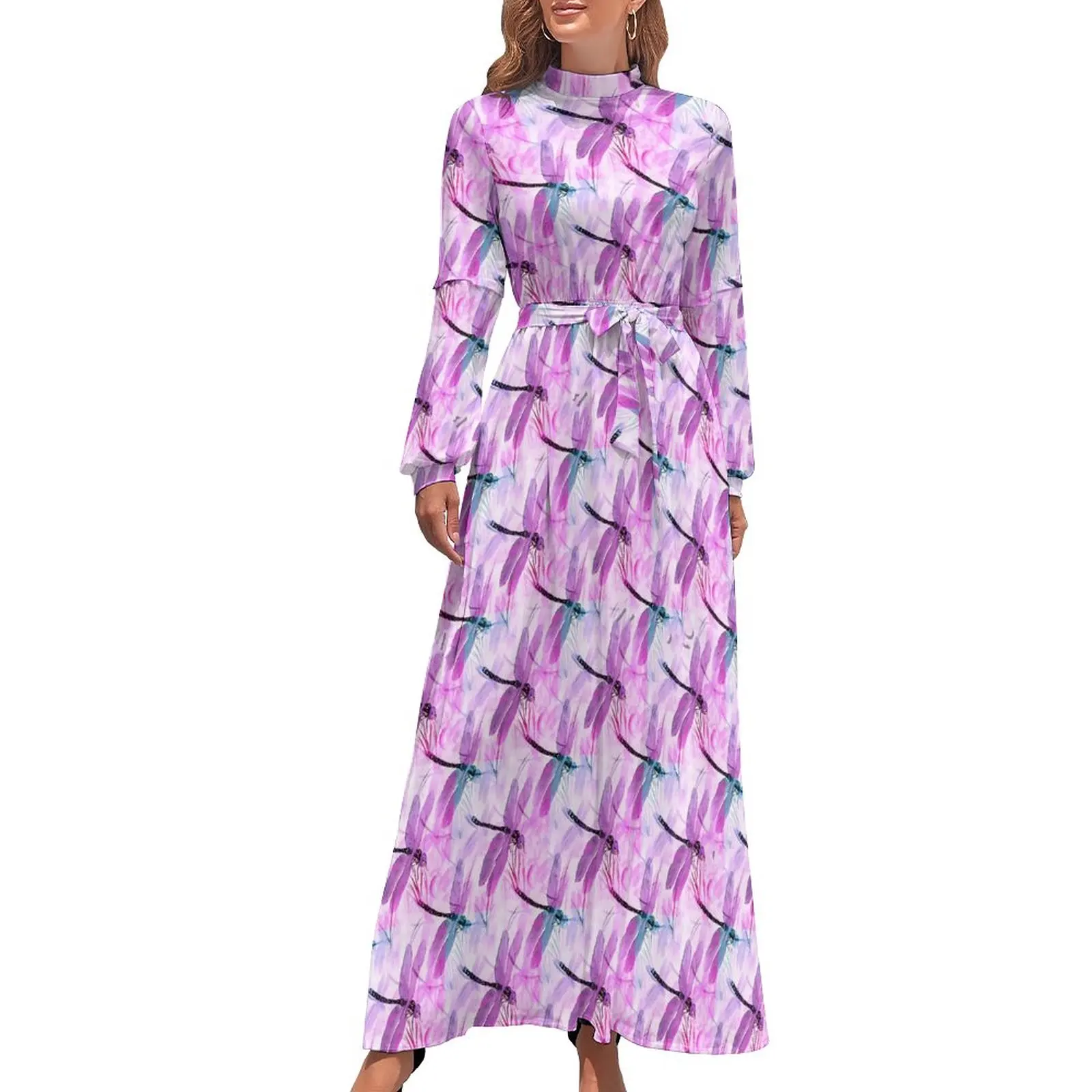 

Женское пляжное платье в стиле бохо, длинное розовое платье макси с принтом в виде стрекозы и высокой талией, элегантное платье с длинным рукавом в уличном стиле