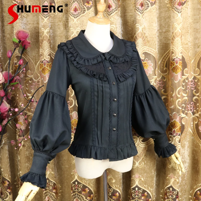 Japanese Lolita Autumn And Winter New Chiffon Retro Long Sleeve Doll Collar Blouse Lantern Sleeve Bottoming Shirts Inner Camisas