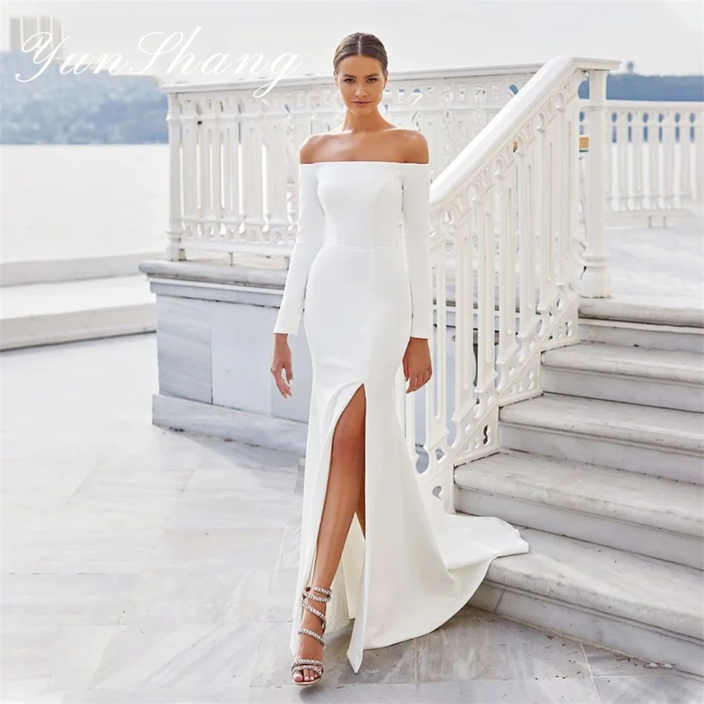

Yunshang Elegant Mermaid Wedding Dress Long Sleeve Split Off The Shoulder Open Back Bridal Gowns Sweep Train Vestidos De Novia