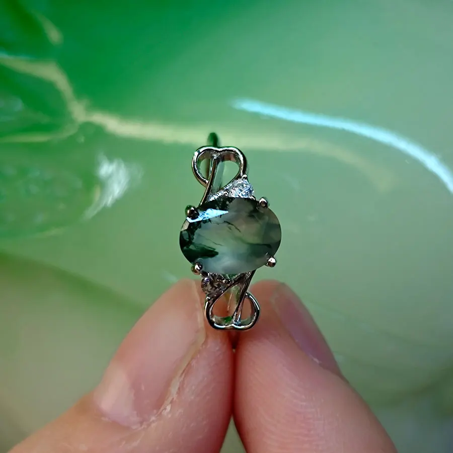 천연 타원형 녹색 오닉스 링,  링, 초록색 이끼 링, 특별한 날 착용, 특별한 날, 6*8mm