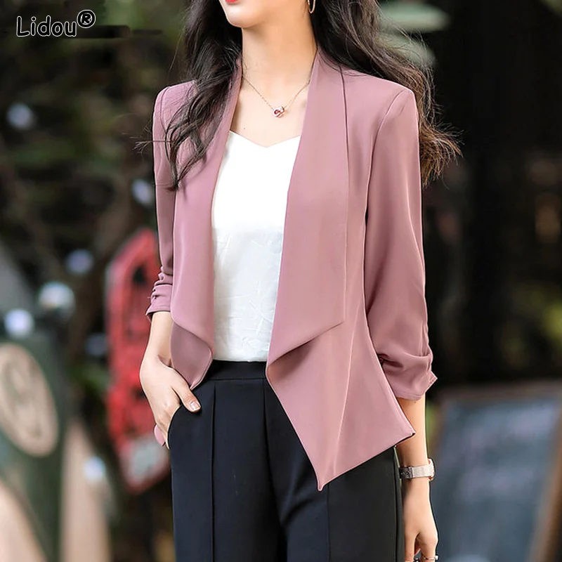 Skinny Asymmetrical Blazers Solid Street Casual 2022 Women's Clothing Pockets Three Quarter Sleeve Spring Summer Premium Thin