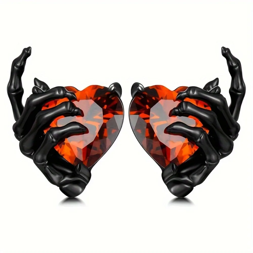 Vintage Gothic Heart Stud Earrings  Plated Zirconia, Versatile for All Seasons, Ideal for Halloween