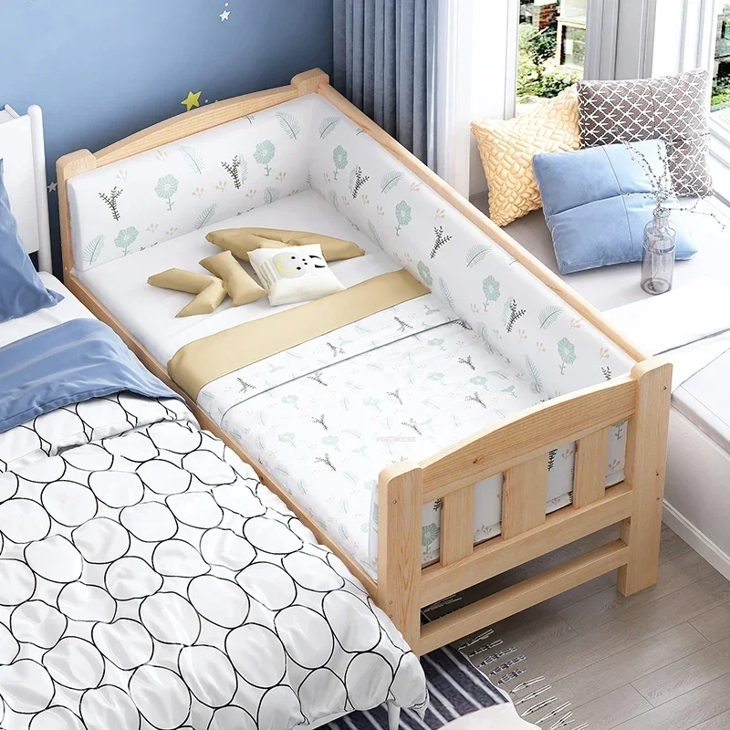 Nordic Solid Wood Small Children's Beds with Guardrails Single Bedside Bed for Boys and Girl Widened Spliced Large Bed Furniture