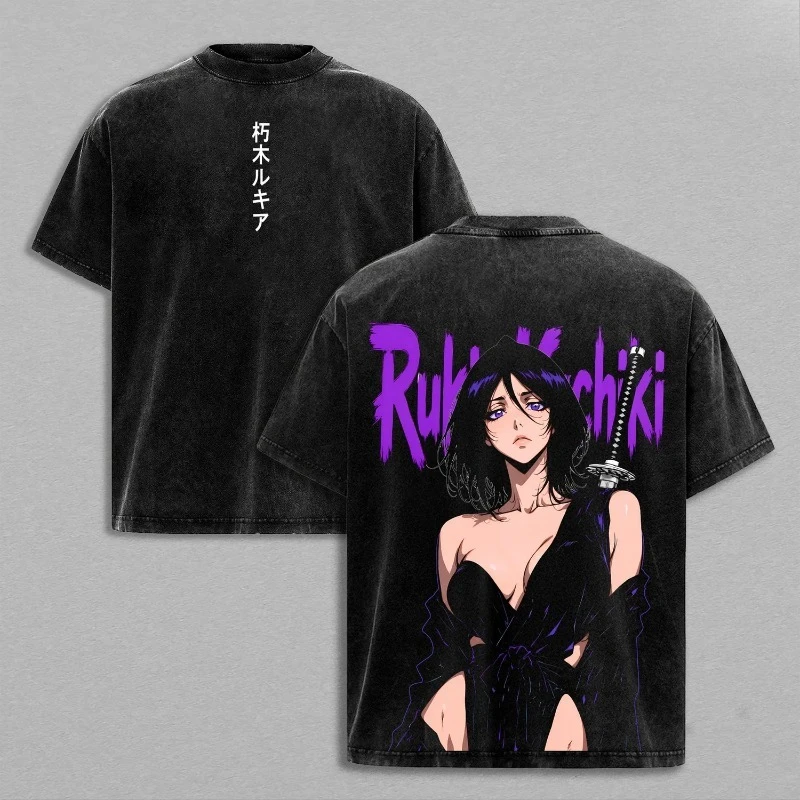 Kuchiki Rukia BLEACH Anime Kleidung Herren Damen Oversized T-Shirts Kurzarm Gewaschenes T-Shirt Vintage Baumwoll-T-Shirt Harajuku Tops