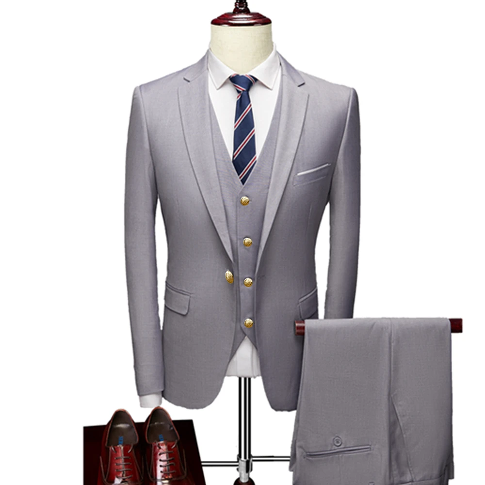 Men's Leisure Boutique Solid Color Slim Fit Suit Pants 3 Pcs Set Male Casual Dress Blazers Jacket Trousers Vest