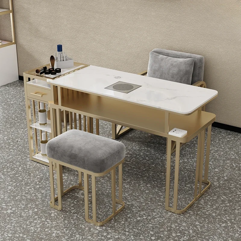 

Nordic Modern Luxury Golden Nail Table Storage Marble Tabletop Manicure Table Vacuum Cleaner Mesa Manicura Salon Furniture WT