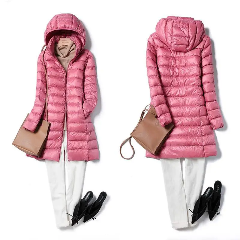 Off-season plus size autumn and winter down jacket women's long lightweight Korean slim hooded coat thin and detachable hat.