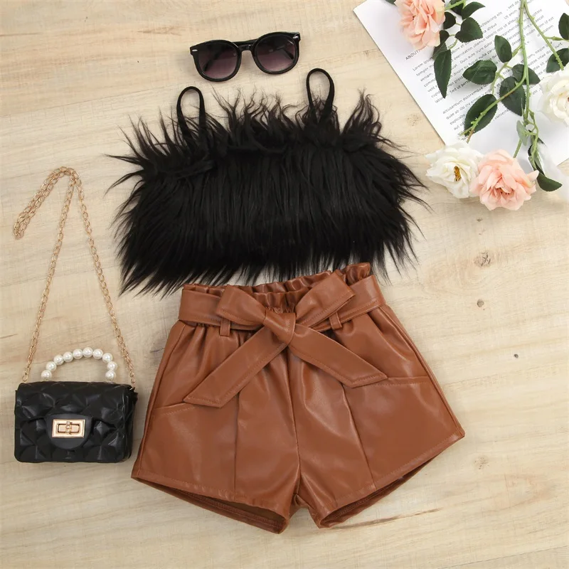 1-6Y Kids Girls Summer Clothes Sets Baby Sleeveless Plush Sling Tank Tops + PU Leather Short Pants with Belt Children Outfits