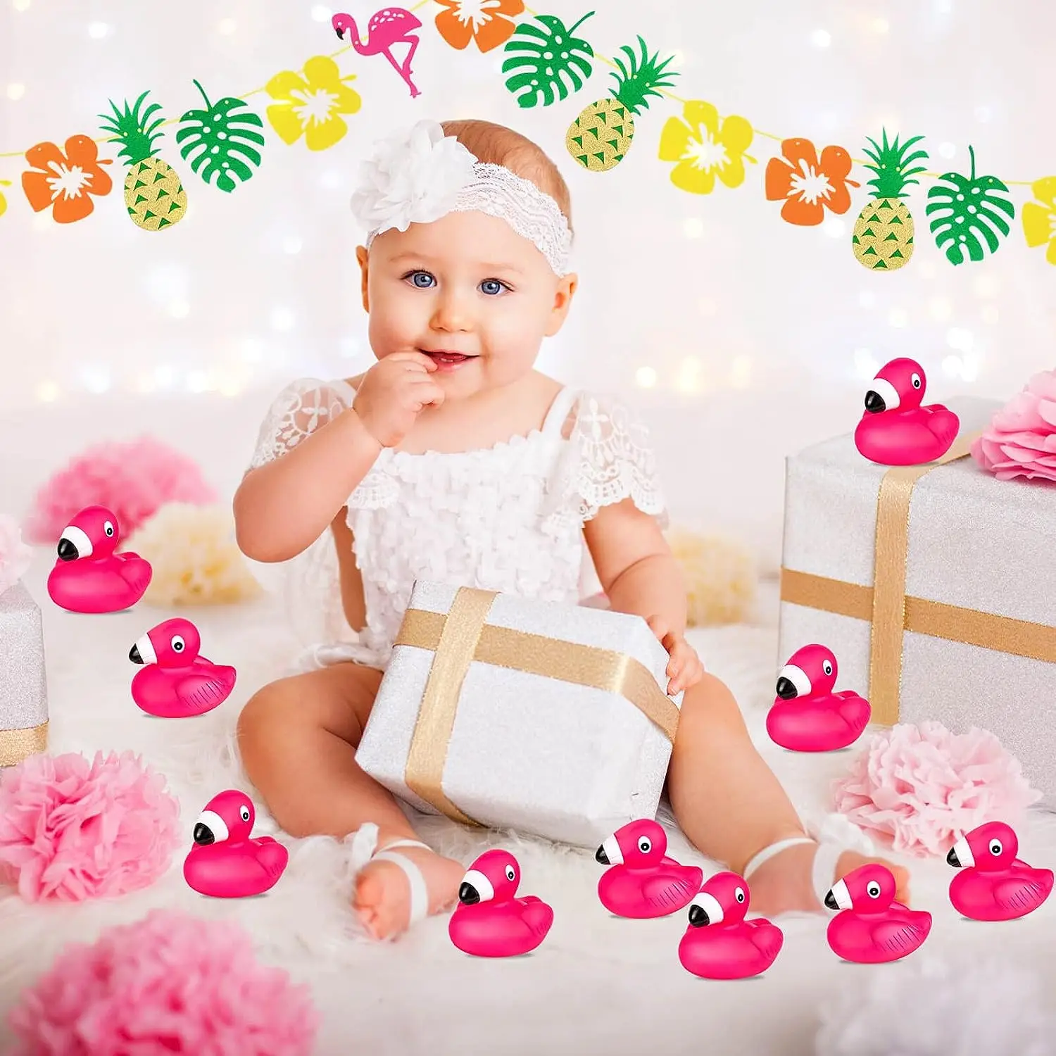 12/24 Pcs Flamingo Rubber Duckies Bulk Pink Flamingos Bath Toys Floating Squeak Flamingo Toy Seasonal Holiday Rubber Ducks for S 5