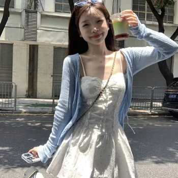 한국어 스타일 연령 감소 여성 정장 드레스 여름 2024 새로운 꽃 스플 라이스 Strapless 탑 긴 소매 카디건 투피스 세트