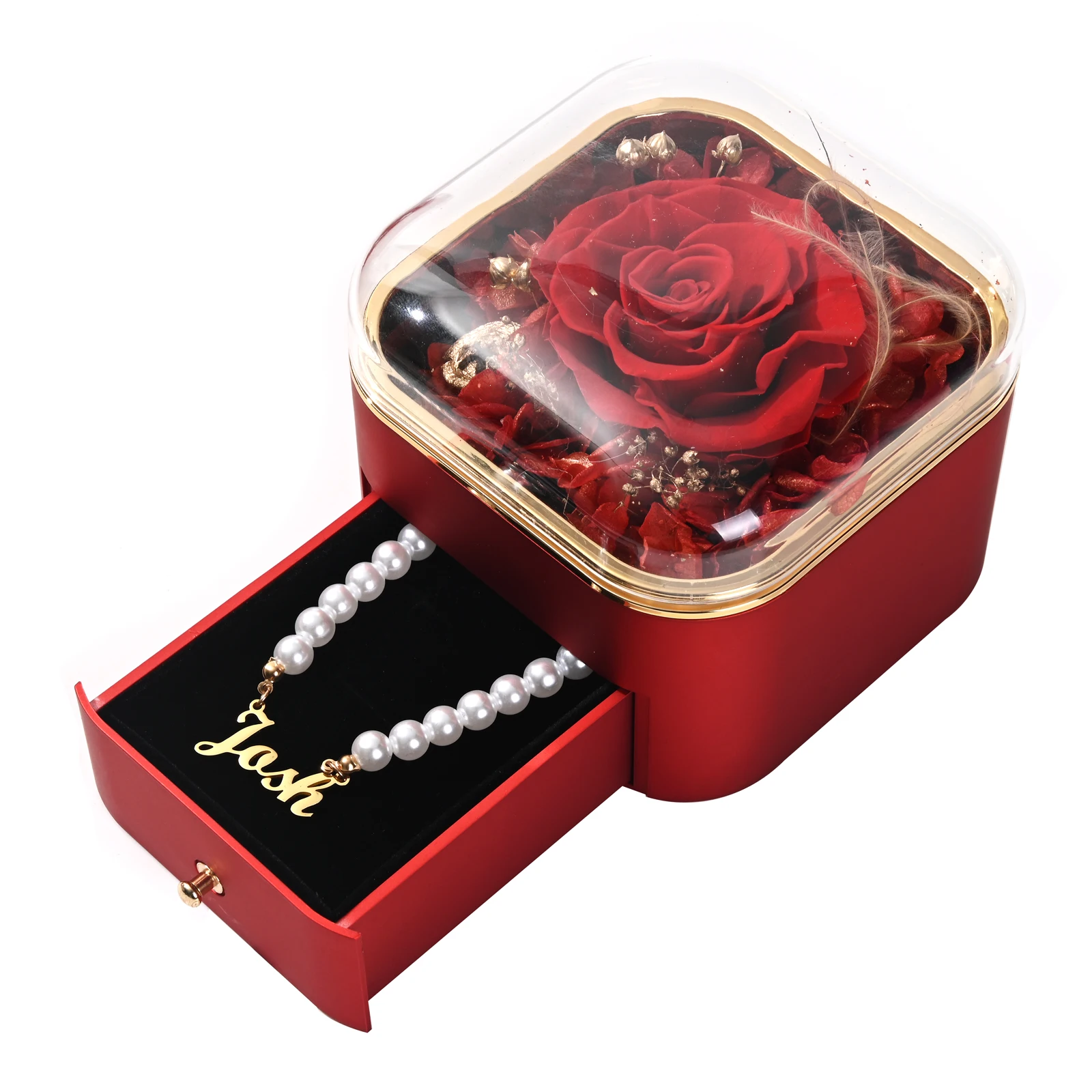 Mother's Day Gift Eternal Rose Drawer Box Custom Name Plate Pendant Necklaces Imitation Pearl Chain Choker Collar REALROSE Boxes 9 grid jewelry box drawer woman girl pearl beads storage boxes plastic desktop cosmetic earrings makeup container organizer