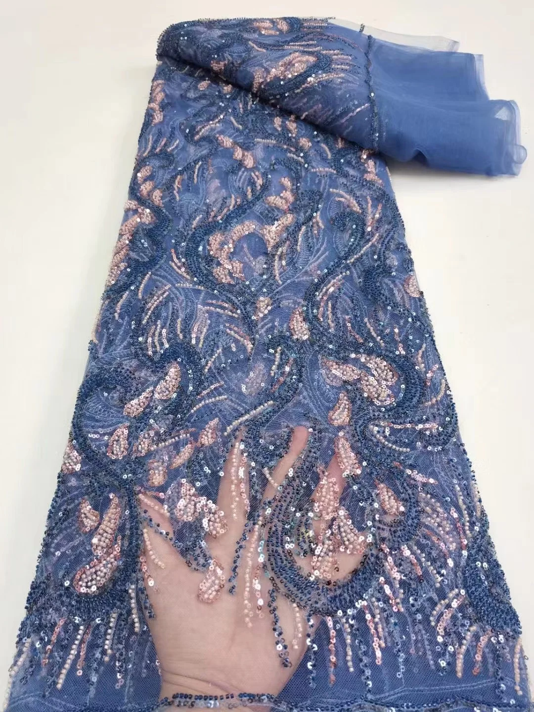 

Handmade Beaded Lace African French Sequins Net Lace Fabric blue High Quality French Tulle Mesh Lace Nigerian Net Lace For Party