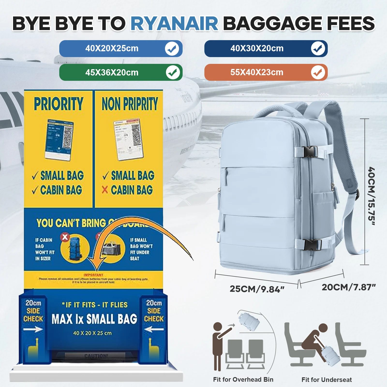 Ryanair Cabin Bag 40x20x25 Under Seat Travel Backpack School Storage Laptop Bag Multipurpose Hand Luggage Waterproof Backpack