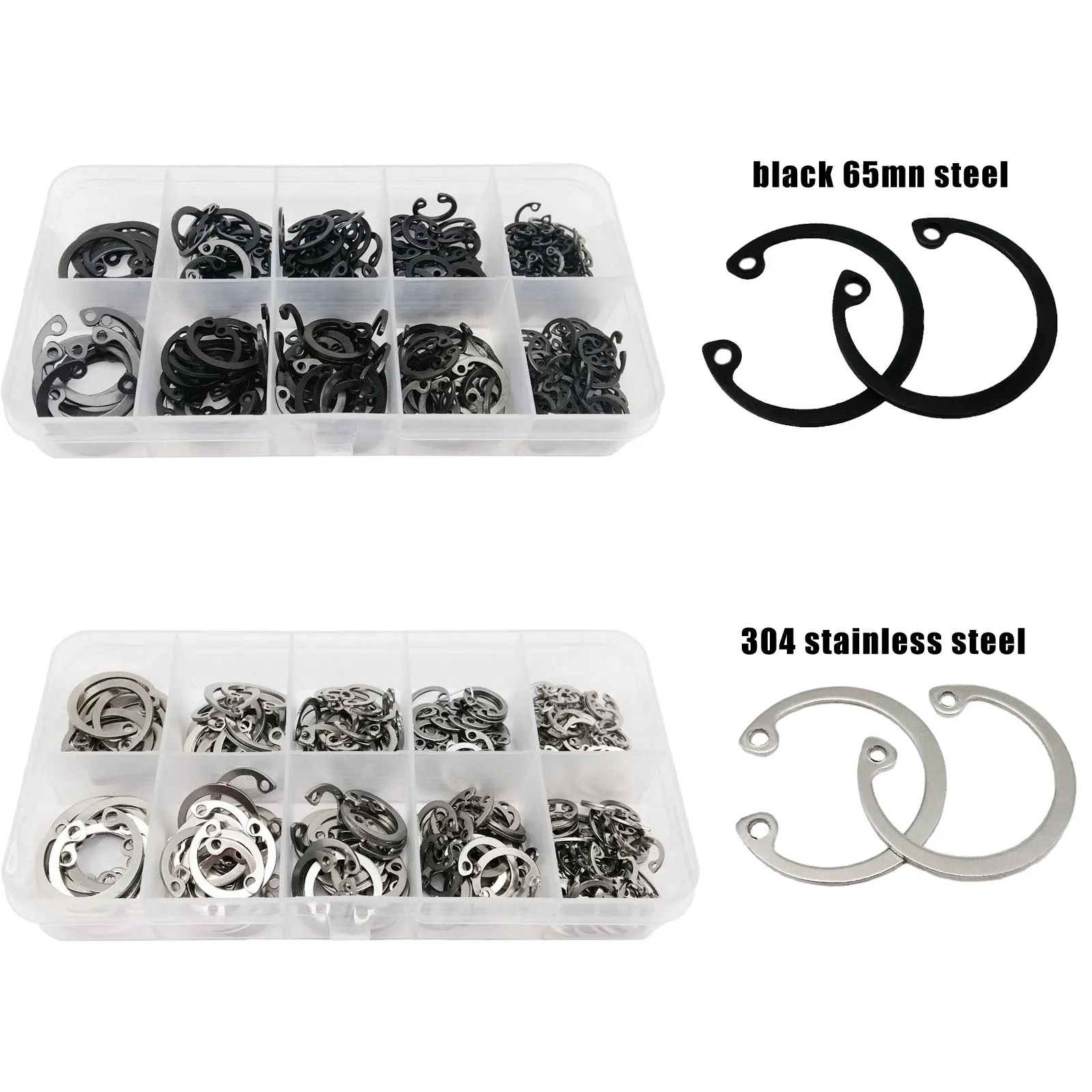 250pcs Assortment Kit Set M8 to M20 304 Stainless Steel Black 65mn Shaft Retaining Hole Clip Snap Ring C Type Internal Circlip