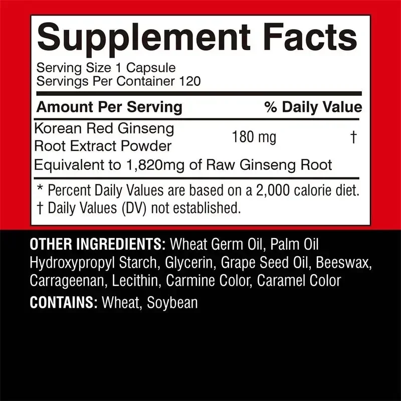 Korean Red Ginseng Extract Capsules-Increased Energy, Mood, Support Men & Women's Stamina, Muscle Strength