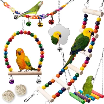 7Pcs Wood Bird Toys for Parakeets: Perch, Swing, Ladder, Climbing Set for Budgies, Cockatiels, Conures 1